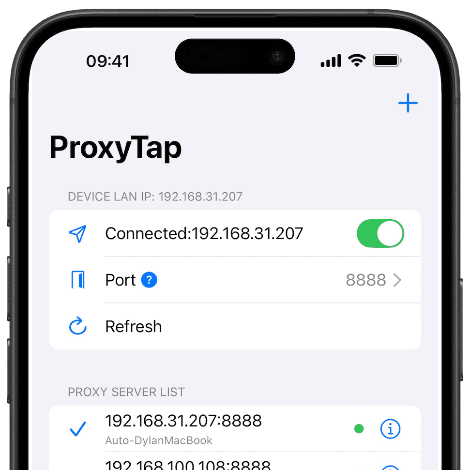 ProxyTap iOS app demonstrating one-tap proxy connection switching interface